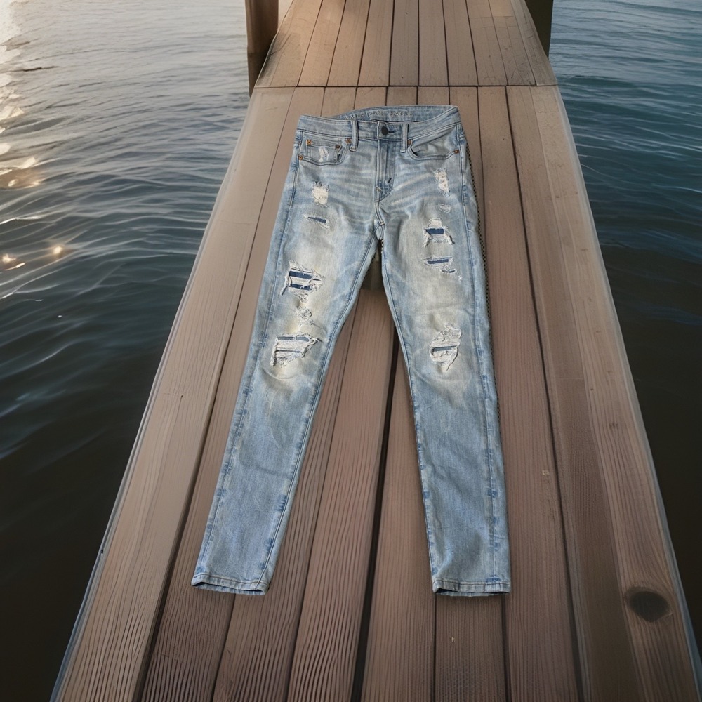 American Eagle Airflex Temp Tech Skinny Jeans Men's Size 29x32 Distressed Denim